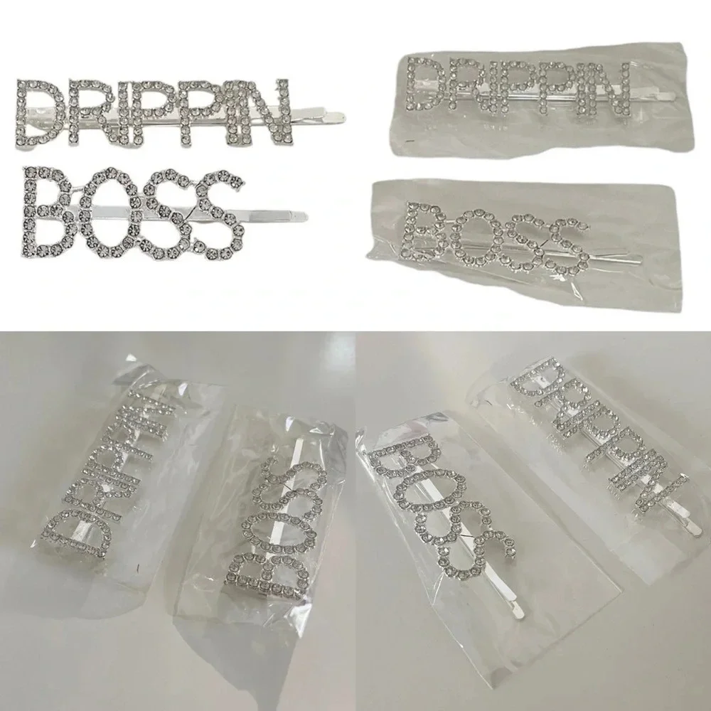 Crystal Rhinestone Studded Metal Hair Pin Accessories “DRIPPIN” & “BOSS” Set
